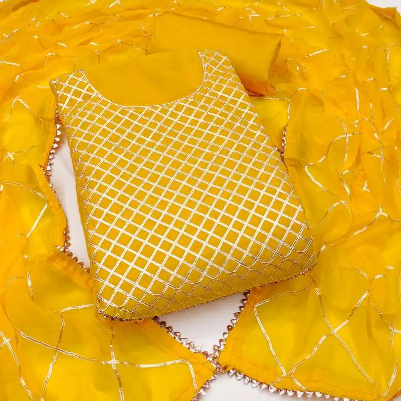 Women's yellow unstitched embroiderd modal chanderi dress material