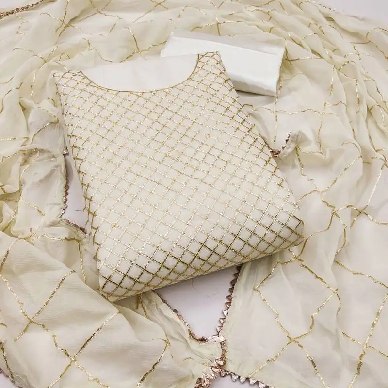 Women's white unstitched embroiderd modal chanderi dress material