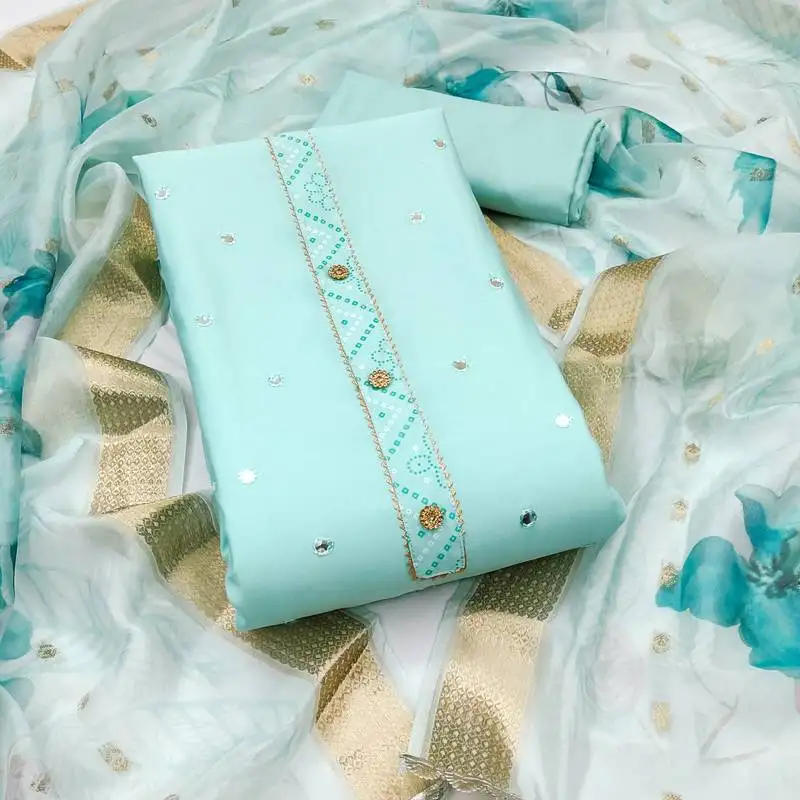 Women's sea green unstitched embroiderd pure cotton silk dress material