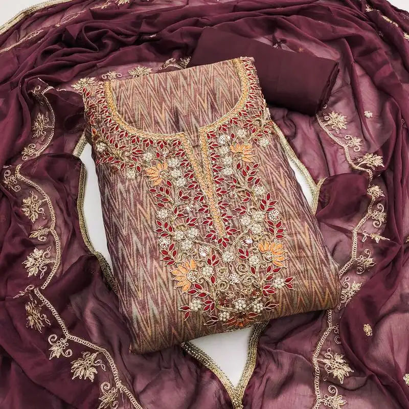 Women's multi unstitched handwork cotton silk dress material