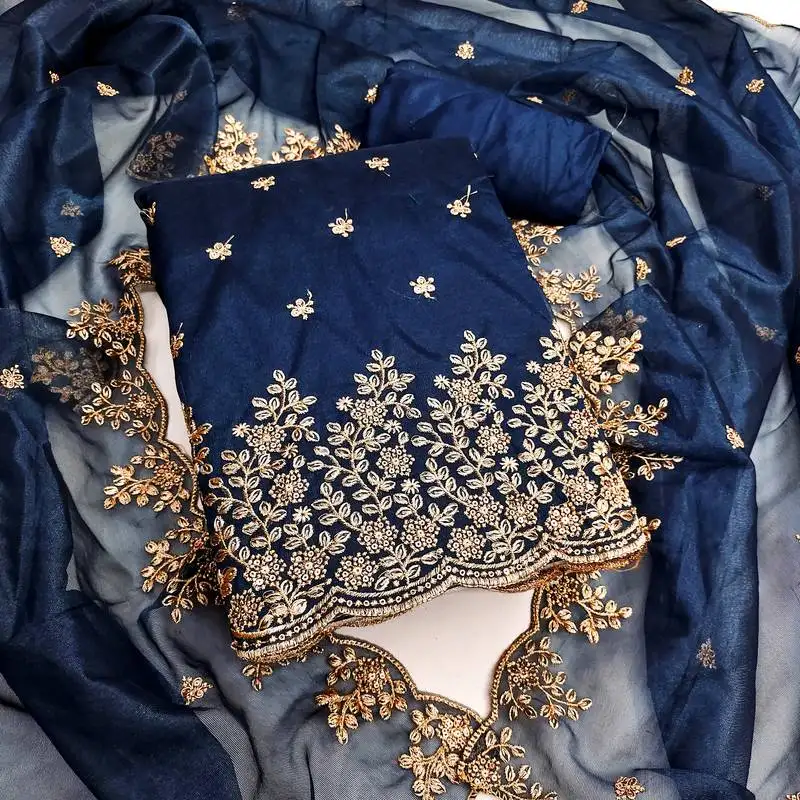 Women's teal blue unstitched embroiderd twill net dress material