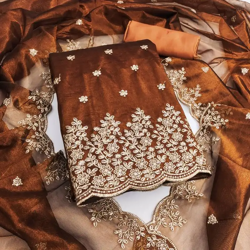 Women's rust unstitched embroiderd twill net dress material