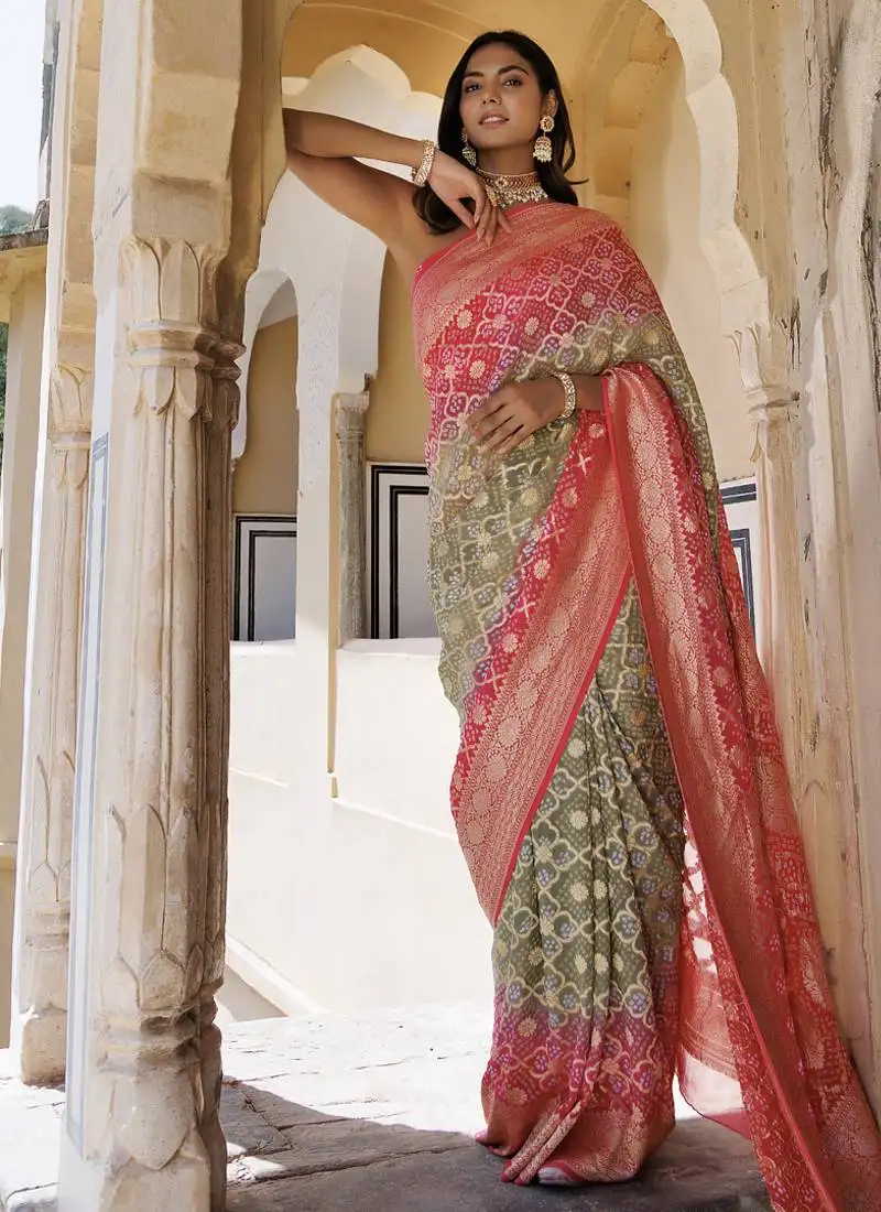 Pink green pure georgette hand woven gharchola bandhani saree