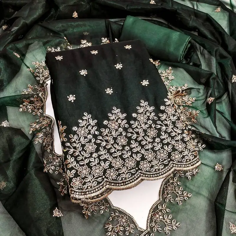 Women's green unstitched embroiderd twill net dress material