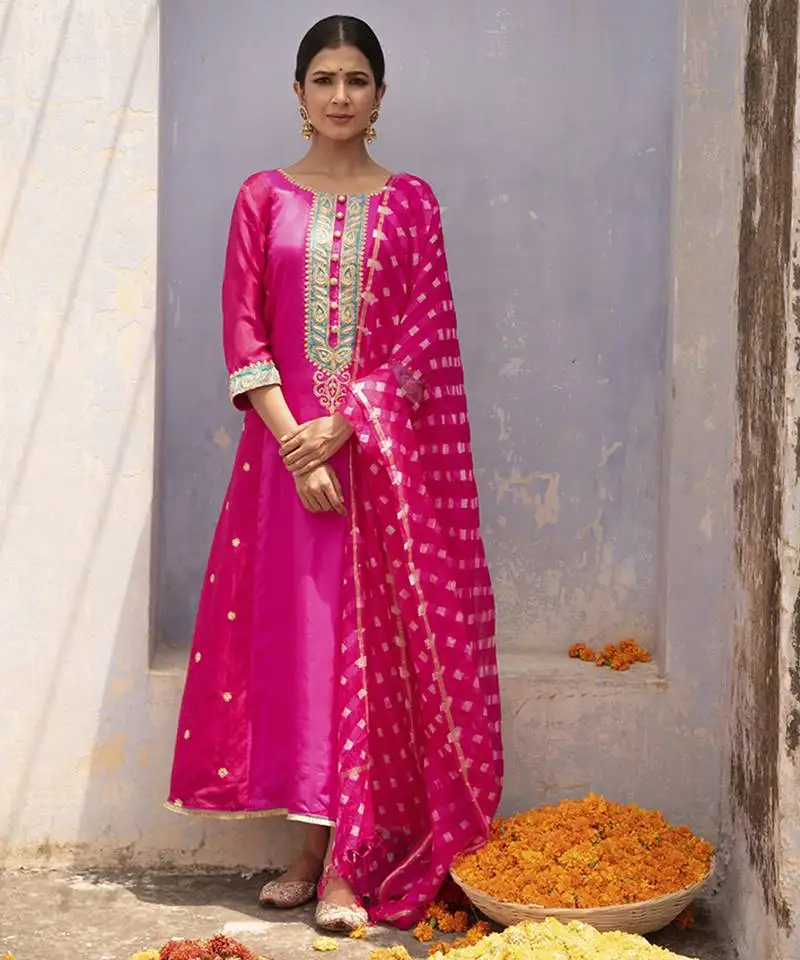Rani pink embroidered silk kurta set