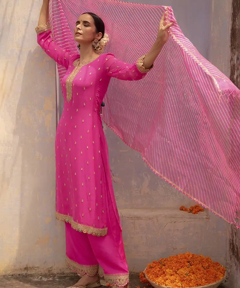 Hot pink embroidered georgette kurta set