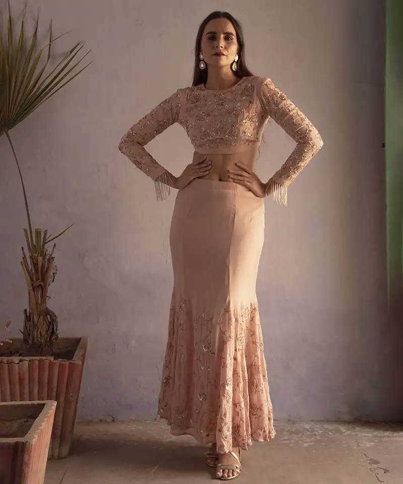 Pink embroidered georgette top and skirt set