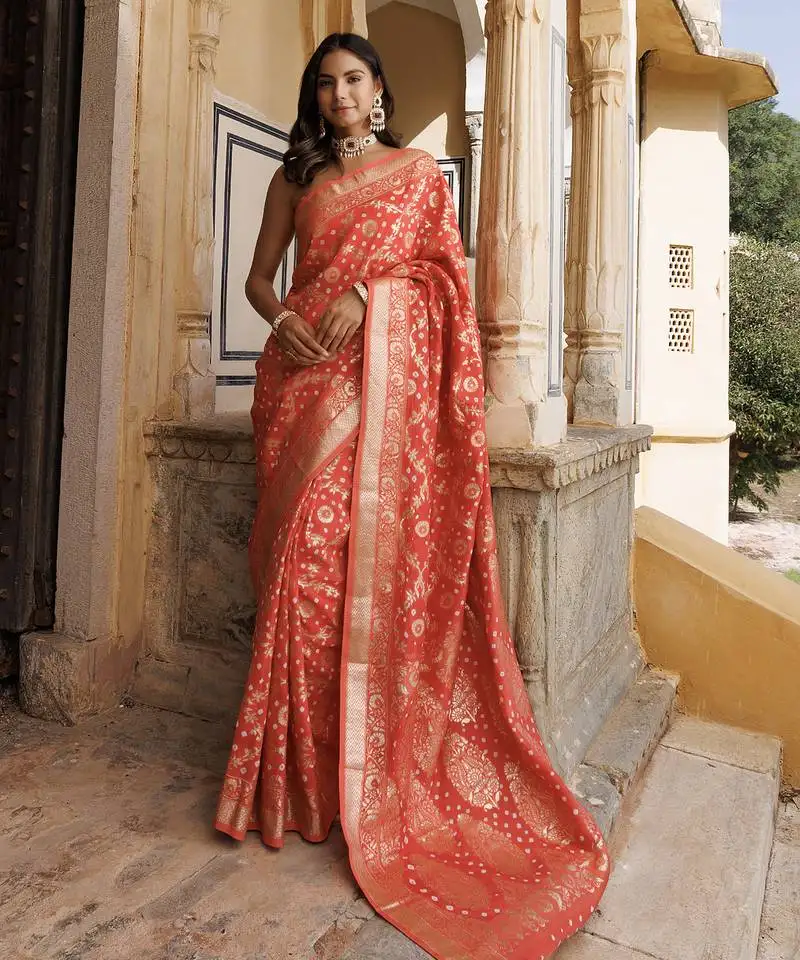 Peach silk banarasi bandhani saree