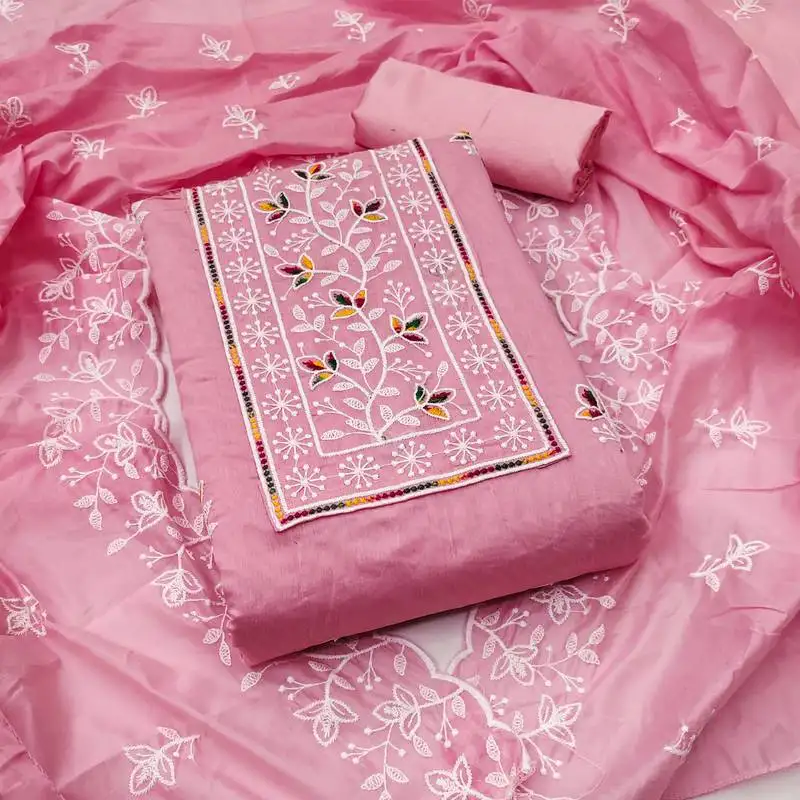 Women's pink unstitched embroiderd chanderi cotton dress material
