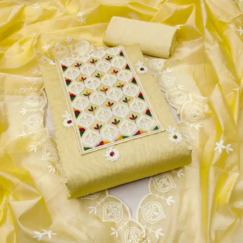 Women's yellow unstitched embroiderd chanderi cotton dress material