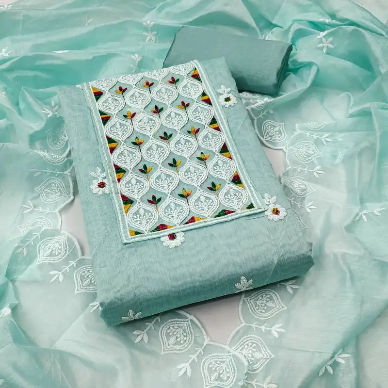 Women's sea green unstitched embroiderd chanderi cotton dress material