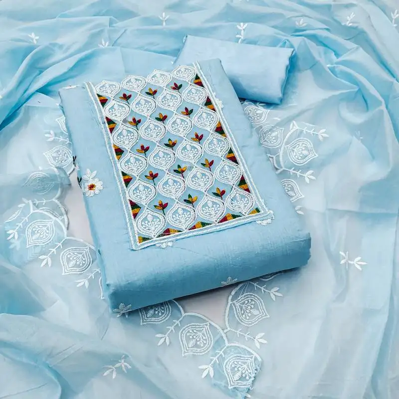 Women's sky blue unstitched embroiderd chanderi cotton dress material