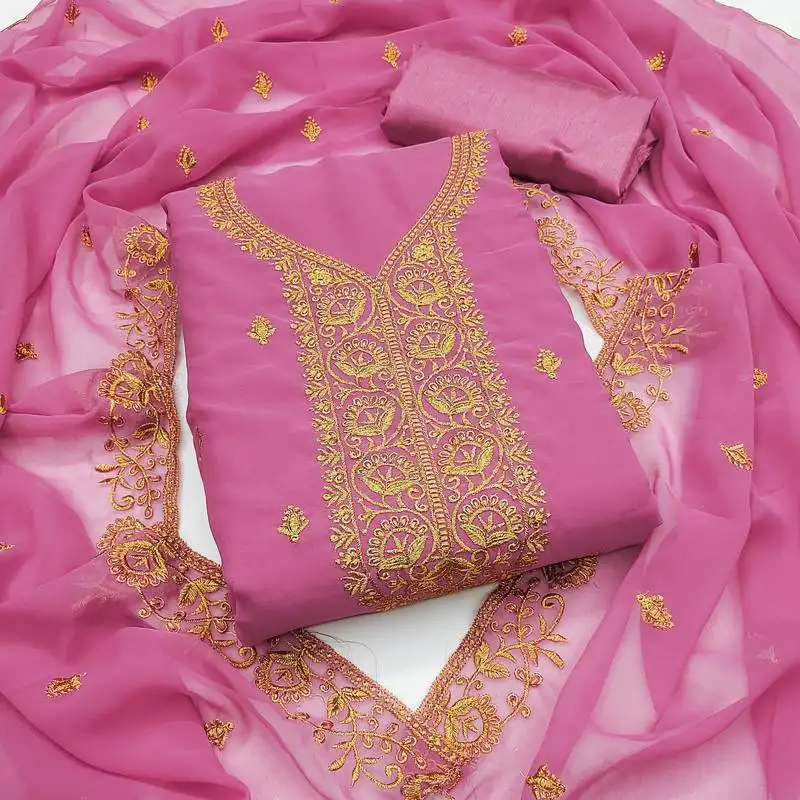 Women's pink unstitched embroiderd georgette dress material