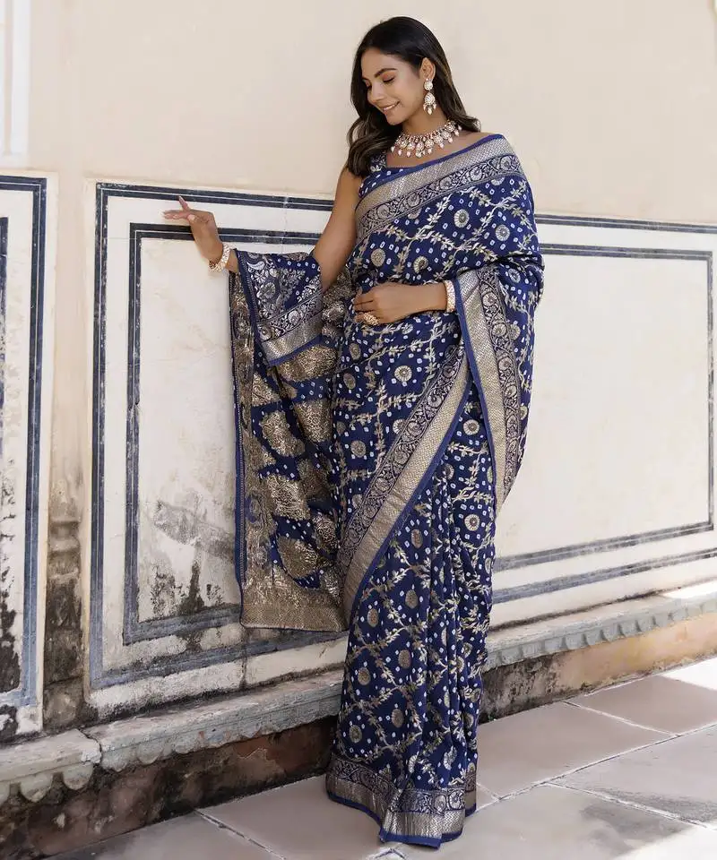 Blue silk banarasi bandhani saree