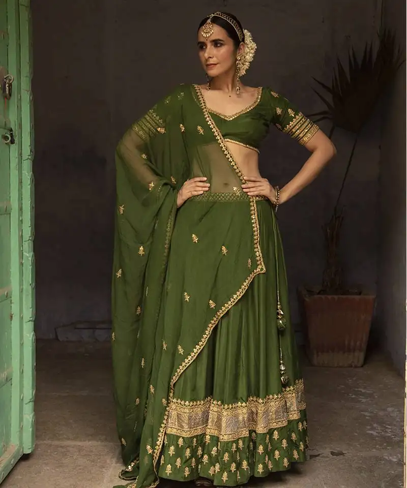 Dark green embroidered silk lehenga