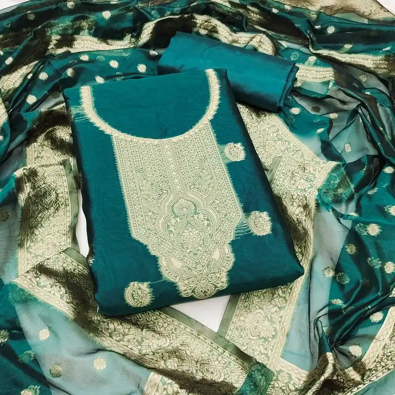 Women's sea green unstitched woven simmer silk dress material