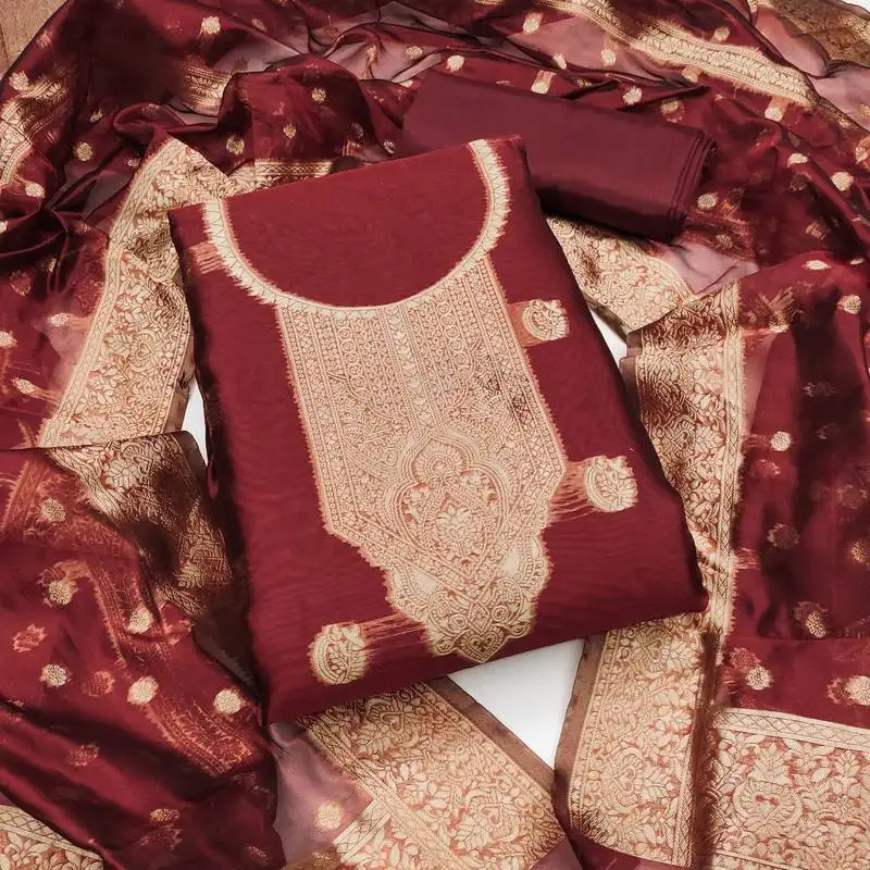 Women's maroon unstitched woven simmer silk dress material
