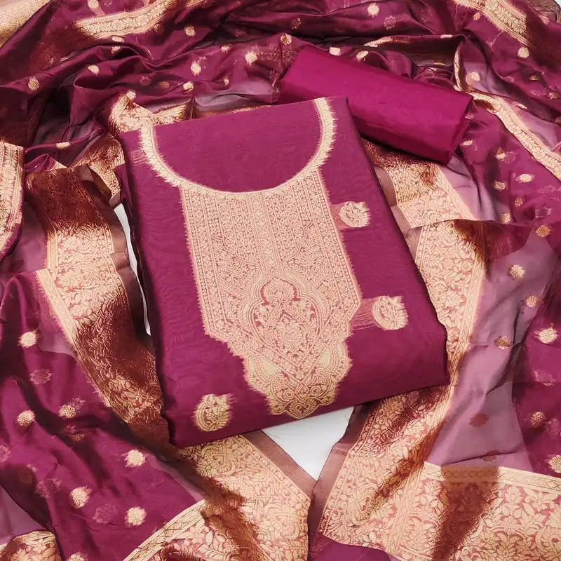 Women's magenta unstitched woven simmer silk dress material