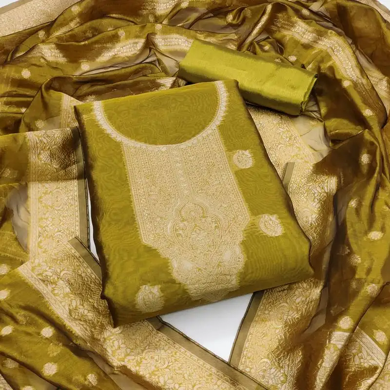 Women's green unstitched woven simmer silk dress material