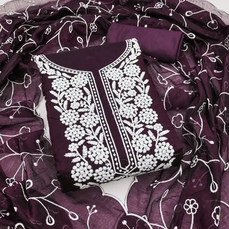 Women's purple unstitched embroiderd chanderi cotton dress material