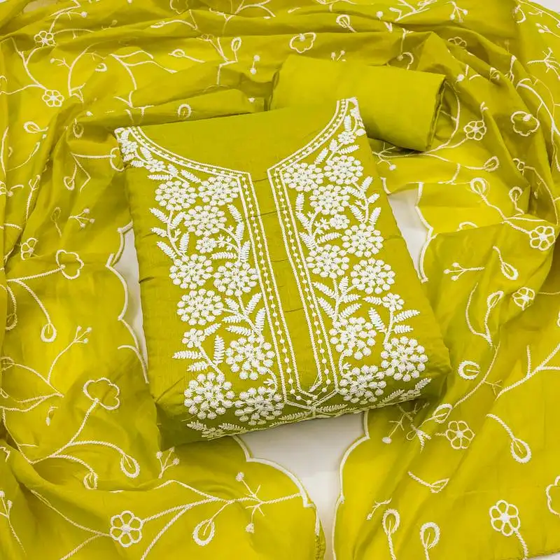 Women's green unstitched embroiderd chanderi cotton dress material