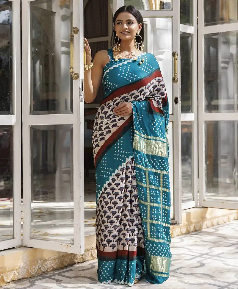 Green ajrakh handblock bandhani silk saree with zari gharchola pallu