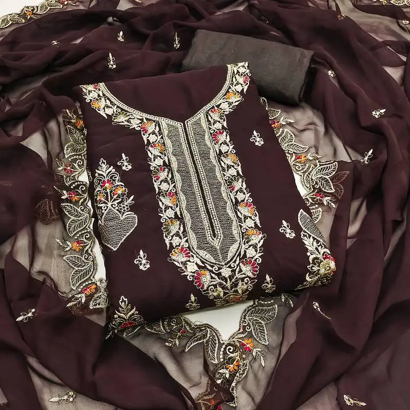 Women's brown unstitched embroiderd georgette dress material