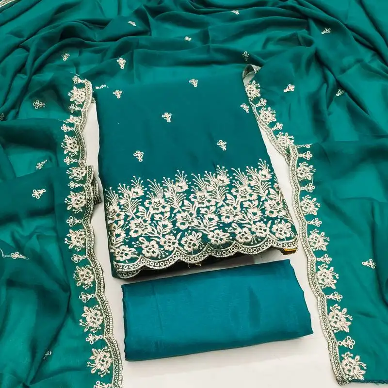 Women's sea green unstitched embroiderd georgette dress material