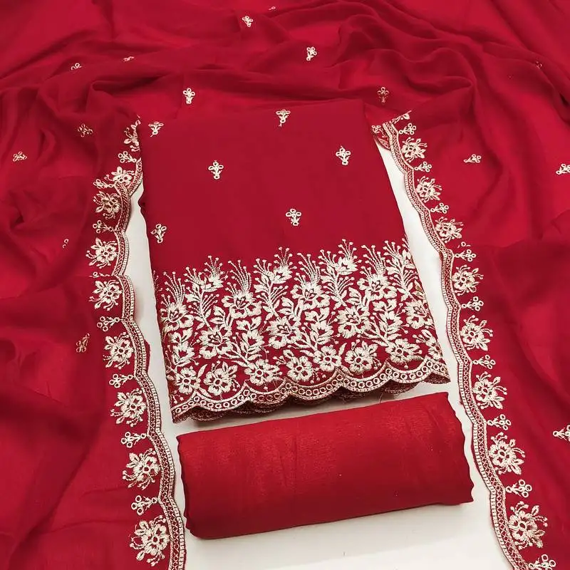 Women's red unstitched embroiderd georgette dress material