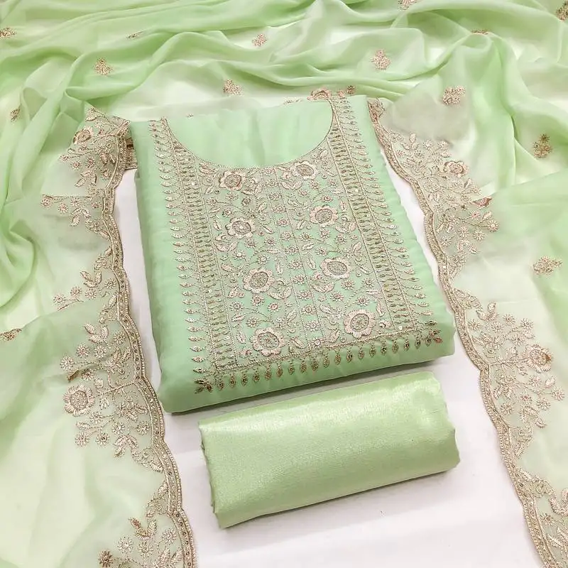 Women's light green unstitched embroiderd georgette dress material