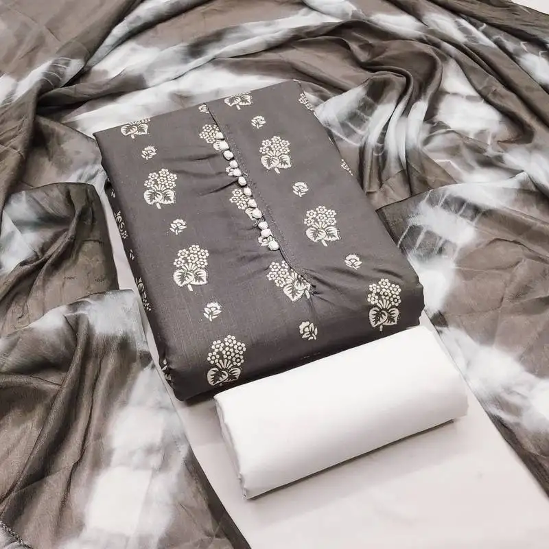 Women's grey unstitched printed slub cotton dress material