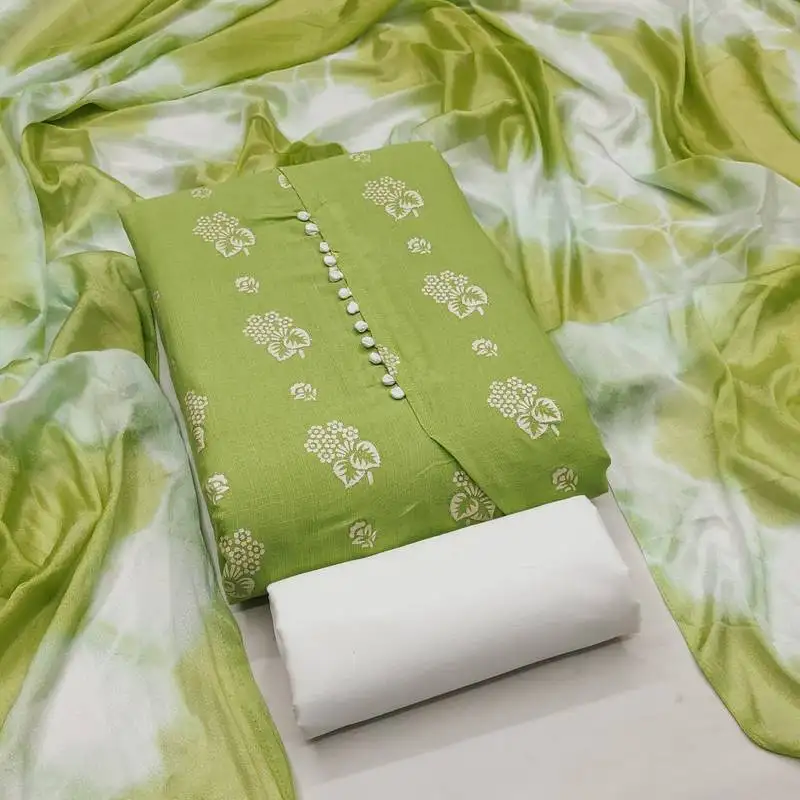 Women's green unstitched printed slub cotton dress material