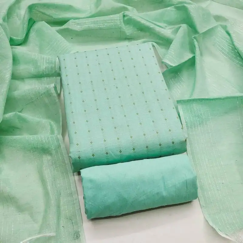 Women's sea green unstitched woven cotton jacquard dress material
