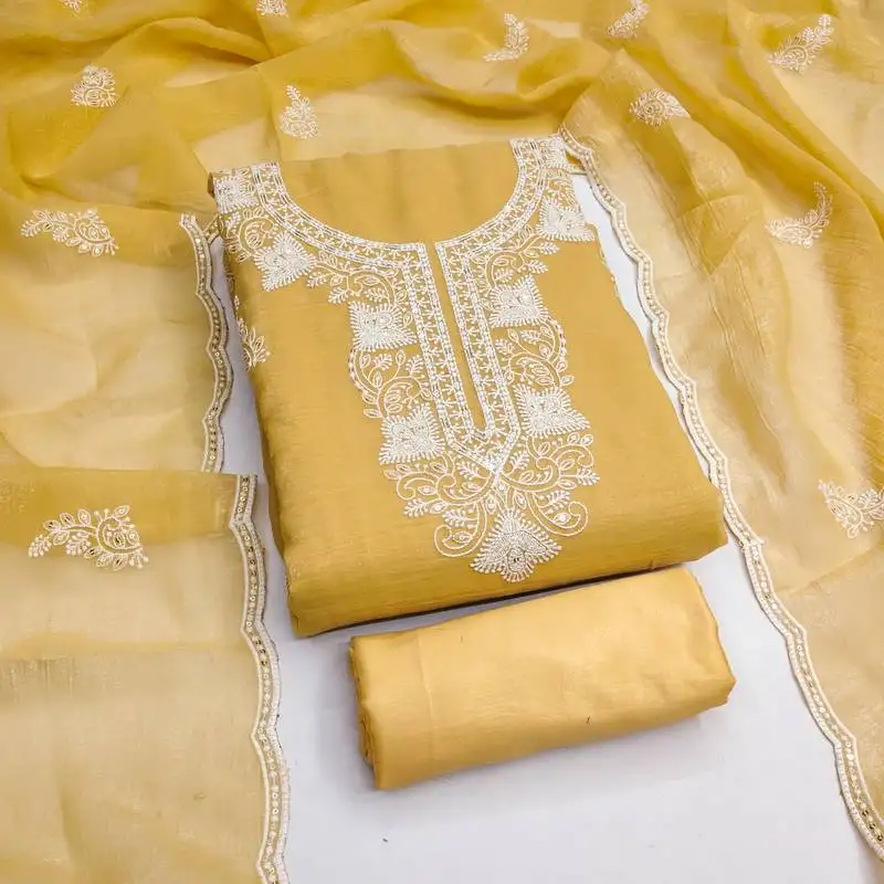 Women's yellow unstitched embroiderd cranchi silk dress material