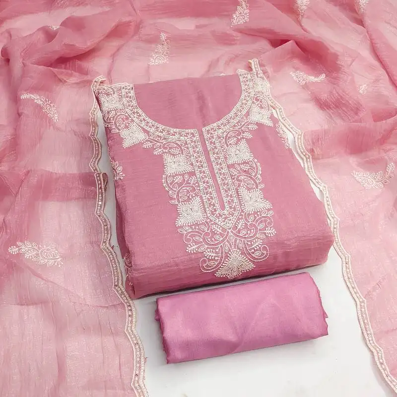 Women's pink unstitched embroiderd cranchi silk dress material