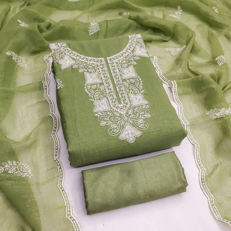 Women's green unstitched embroiderd cranchi silk dress material