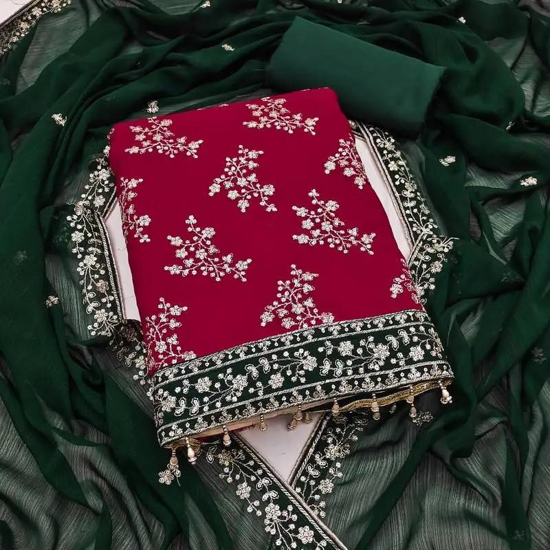 Women's maroon unstitched embroiderd zomata silk dress material