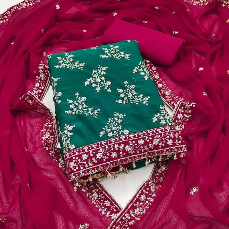 Women's green unstitched embroiderd zomata silk dress material