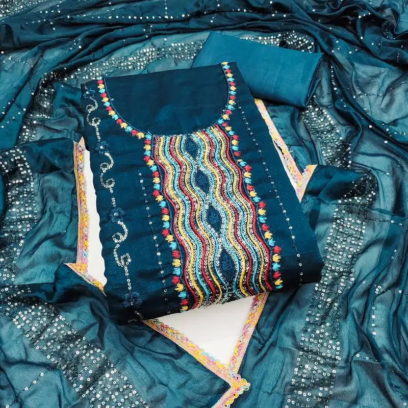 Women's teal blue unstitched embroiderd vichitra silk dress material