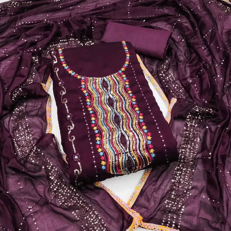 Women's purple unstitched embroiderd vichitra silk dress material