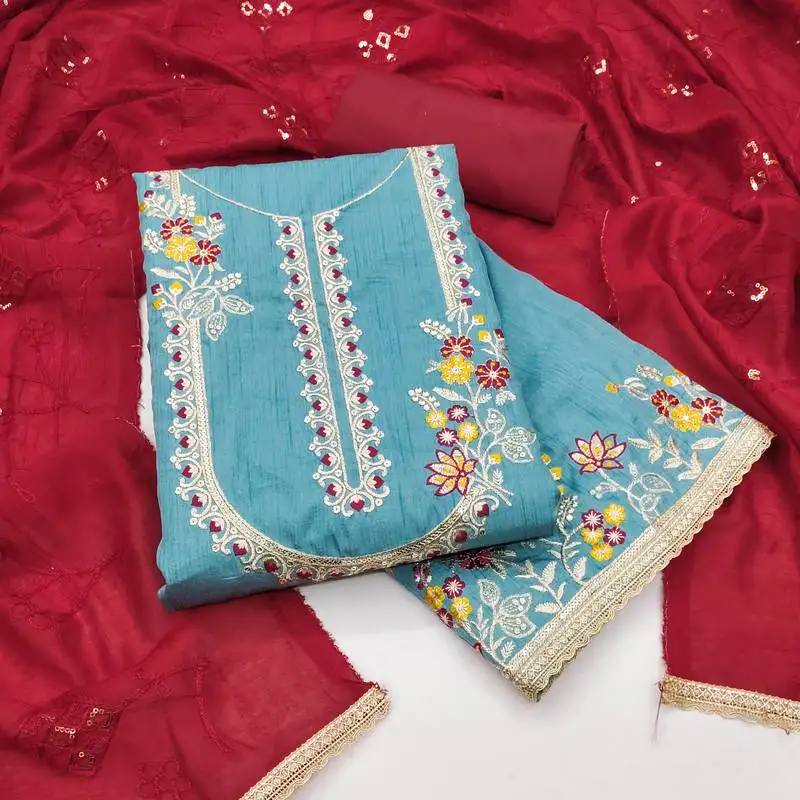 Women's sky blue unstitched embroiderd jalpari cotton dress material