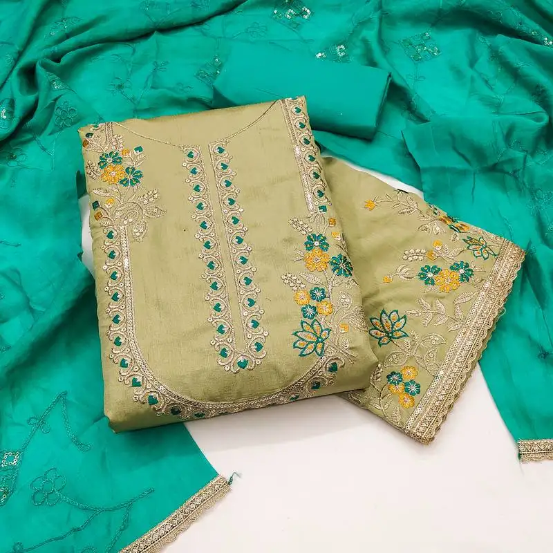 Women's olive green unstitched embroiderd jalpari cotton dress material