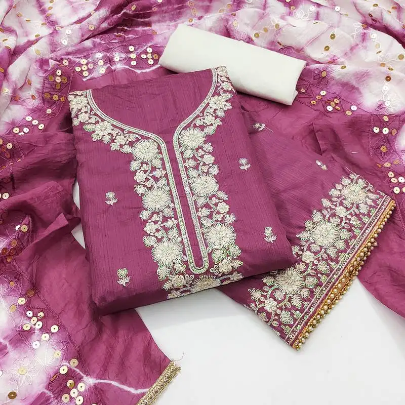 Women's purple unstitched embroiderd jalpari cotton dress material