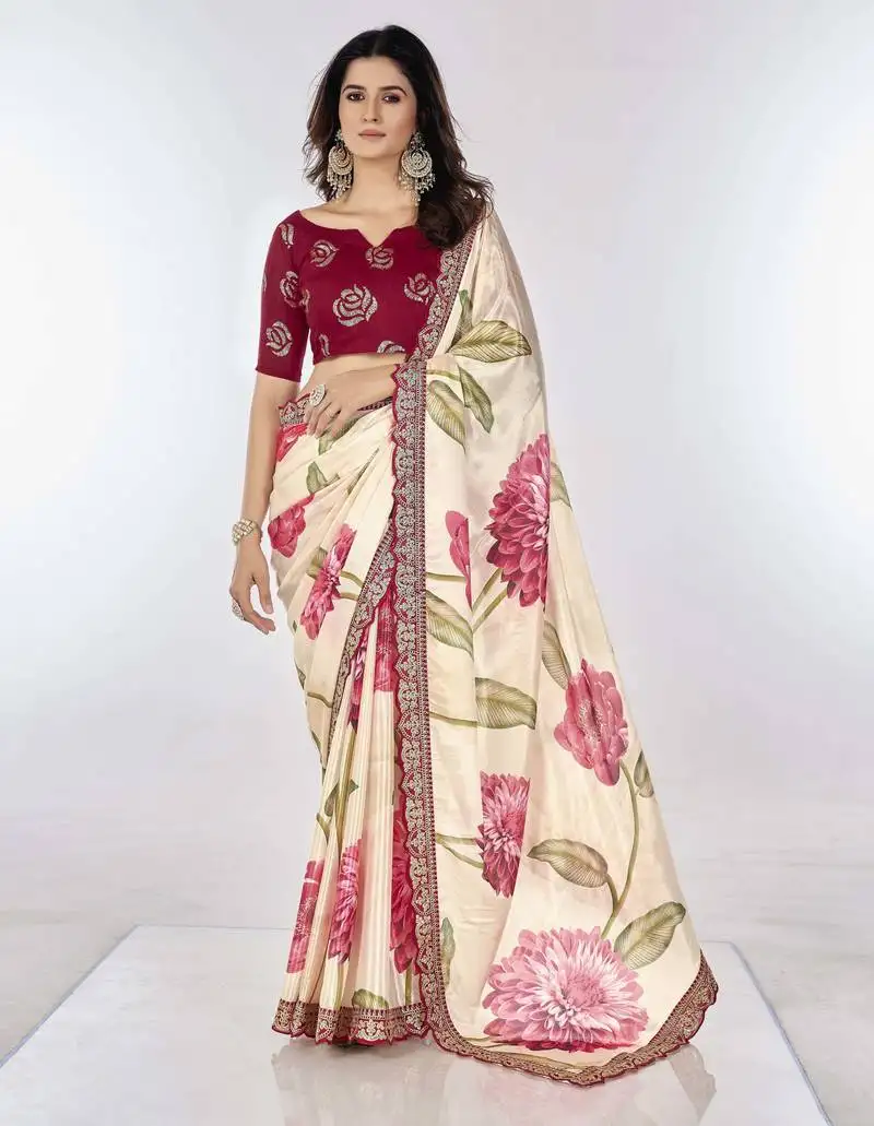Cream floral printed chinon saree with embroidered lace