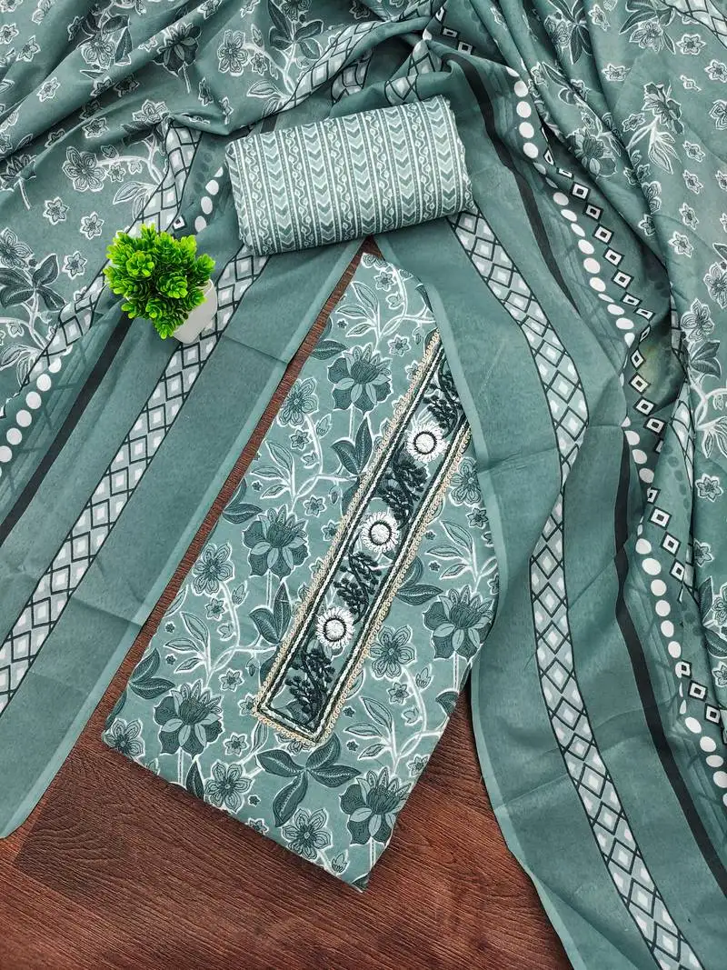 Women's multi unstitched embroiderd cotton dress material