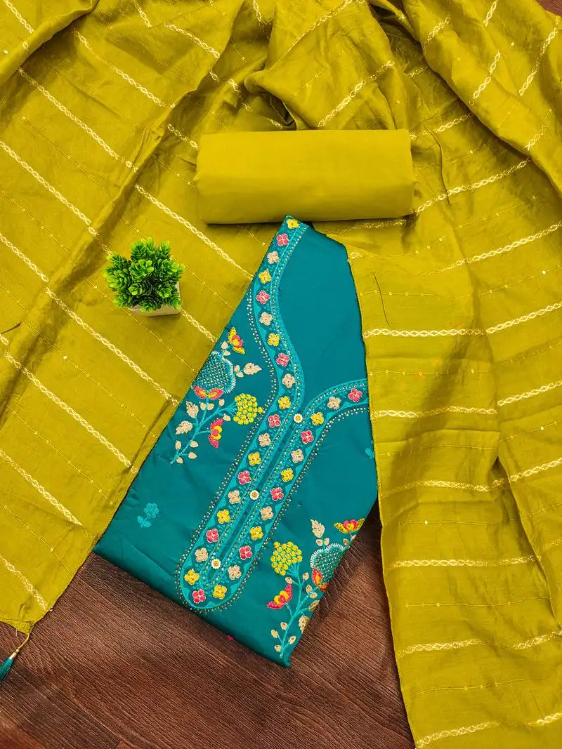 Women's sea green unstitched embroiderd jaam cotton dress material