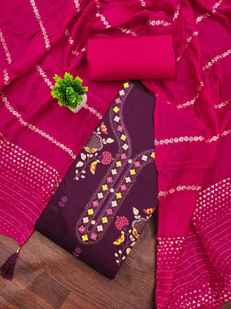 Women's purple unstitched embroiderd jaam cotton dress material