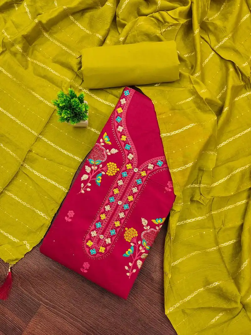 Women's pink unstitched embroiderd jaam cotton dress material