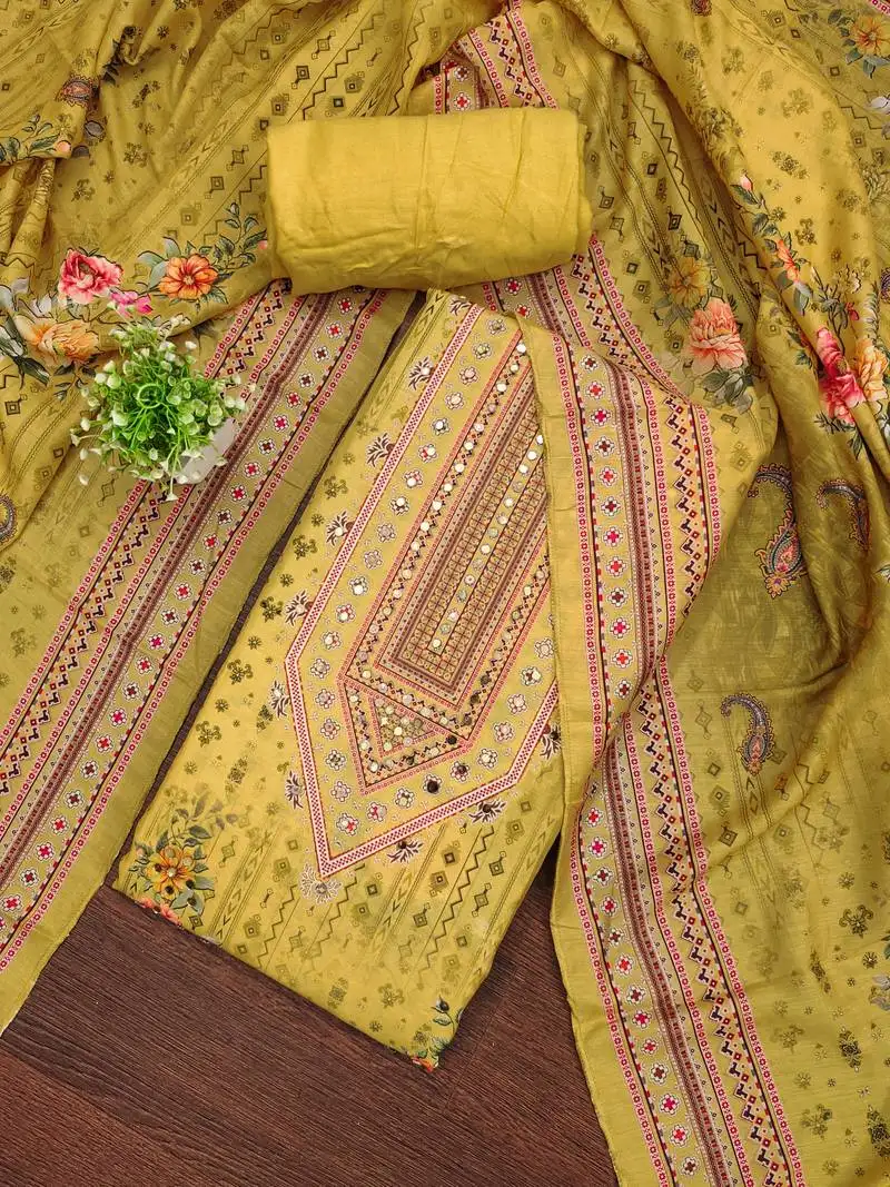 Women's yellow unstitched printed muslin cotton dress material
