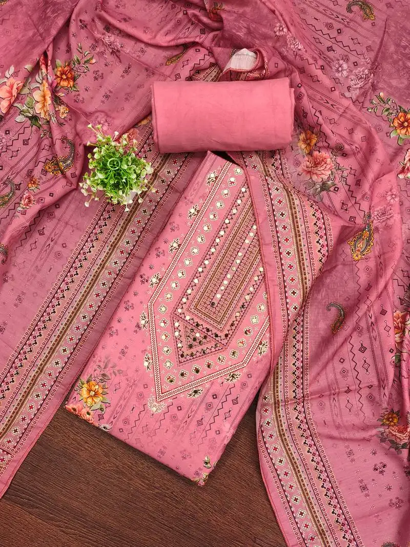 Women's pink unstitched printed muslin cotton dress material